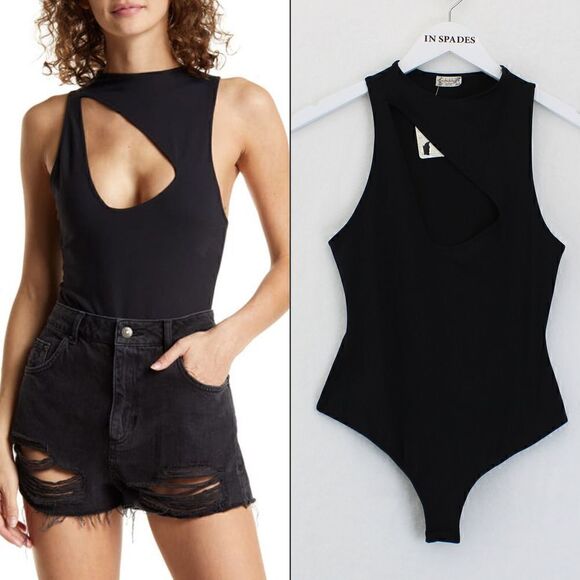 Free People Keep It Going Cutout Sleeveless Bodysuit in Black - Picture 1 of 3